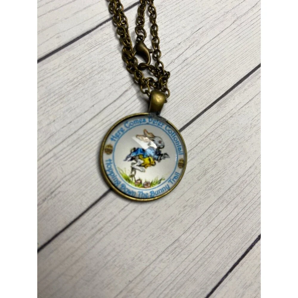 Iris Necklace and Earrings Set Bronze Blue Bunny Pendant Kids Jewelry